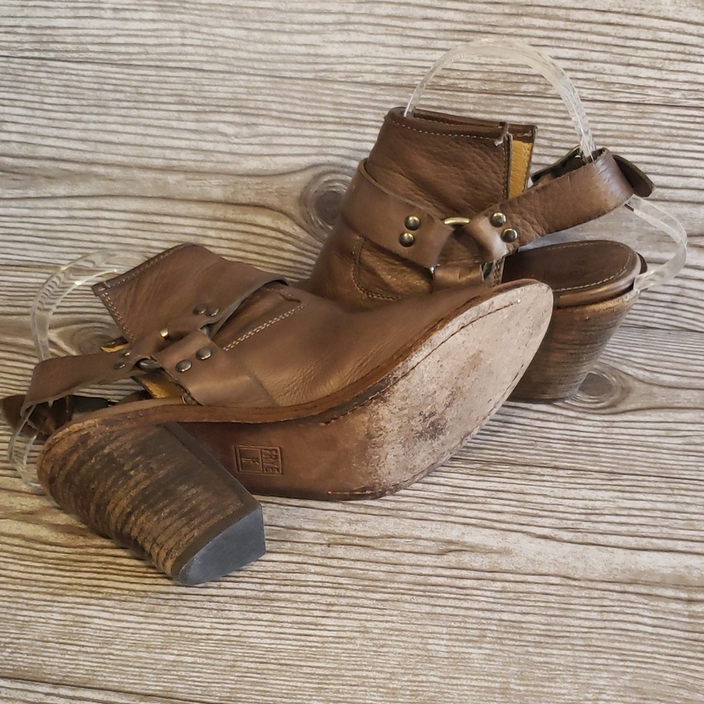 Frye Izzy Gray/brown Leather Open Toe Sling Back Harnes High Heel Booties 6 - Picture 7 of 8